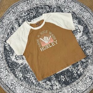 Hurley Semi Cropped Brown & White Cotton T-shirt - Size L